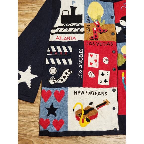 NEW VTG Quacker Factory Travel Sweater USA Patriotic 1X Blue Red Button Covers - Picture 3 of 11